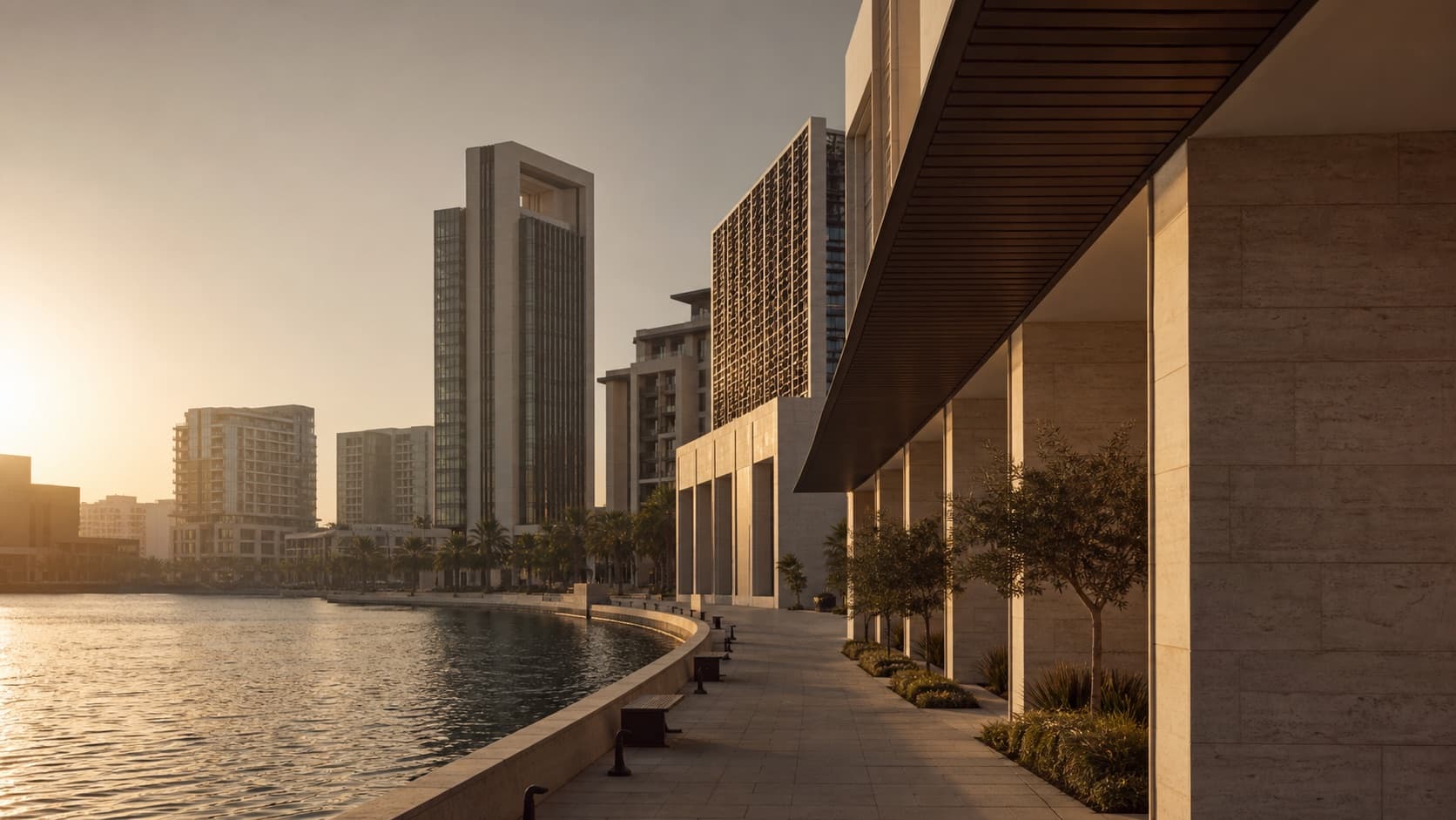 Editorial interpretation of contemporary Abu Dhabi waterfront architecture at golden hour